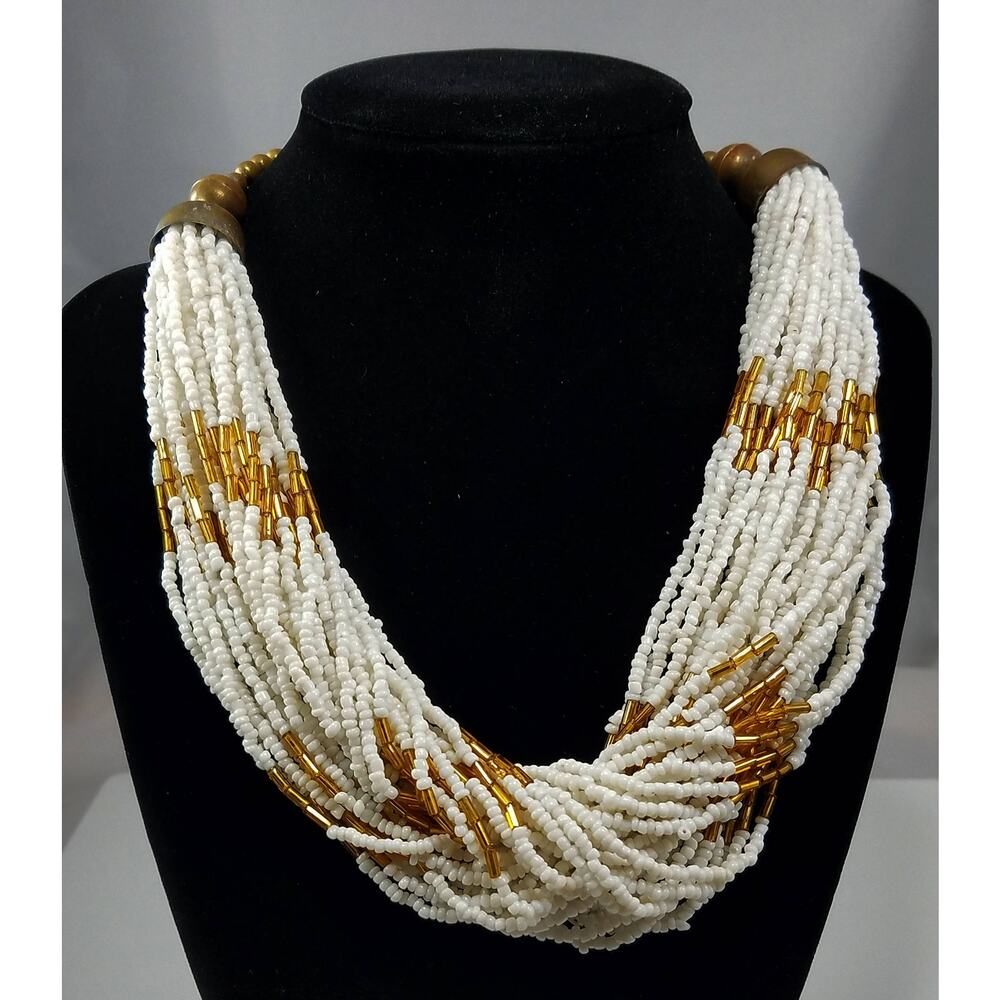 1980s White Gold Seed Bead Brass Necklace 35 Strand Vintage Choker